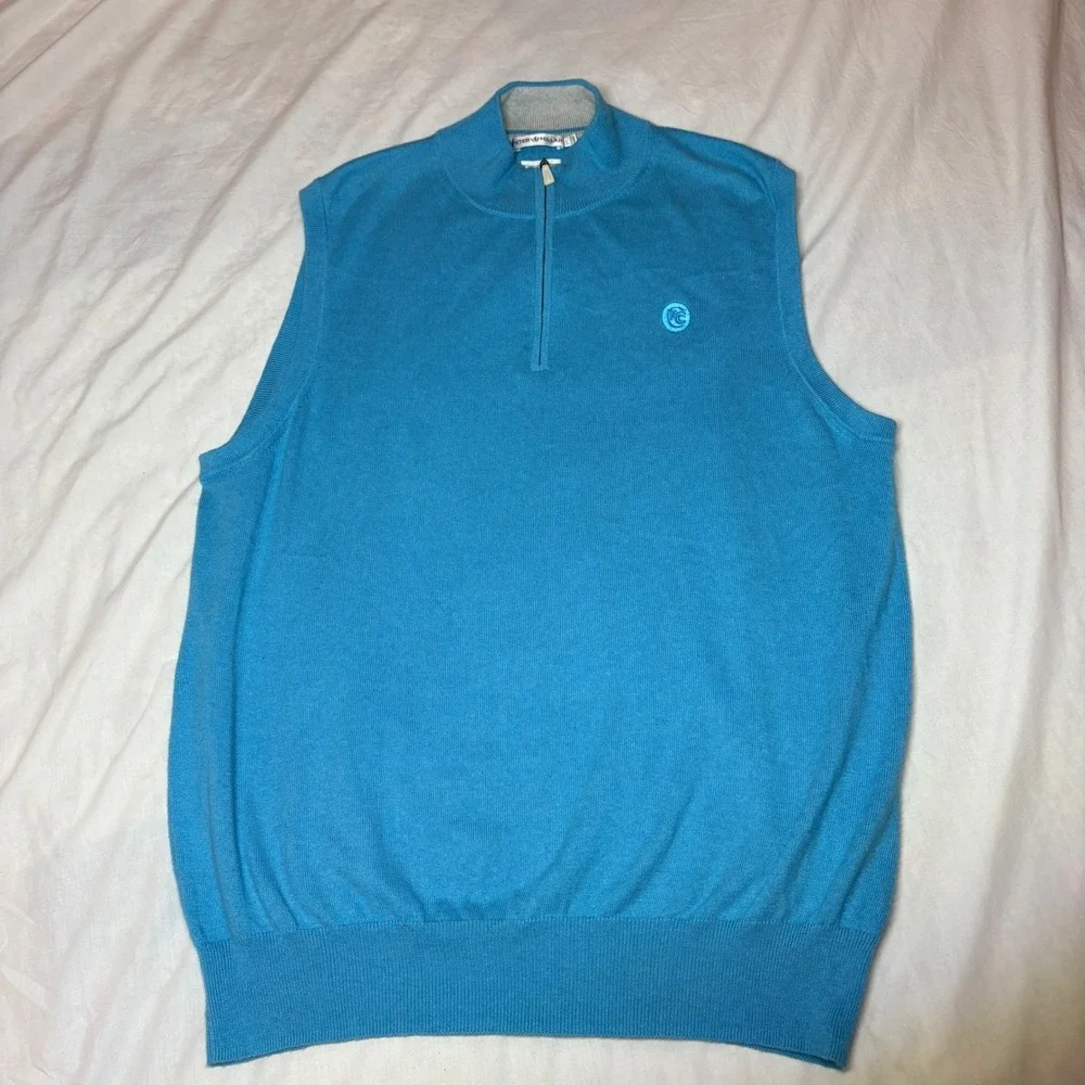 Peter Millar Mens Blue Cotton Cashmere Quarter Zip Sweater Vest Large Golf‎ Logo